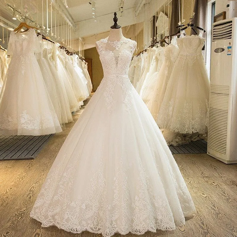 Ball Gowns Tulle High Neck Wedding Dress With Lace Applique TN0034