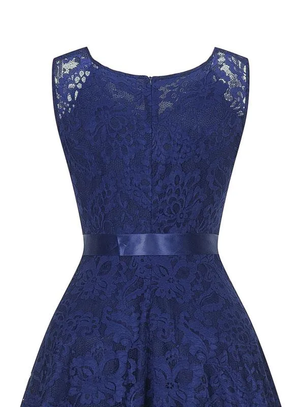 Lace V Neck Sleeve Less High Low Hem Vintage Dress