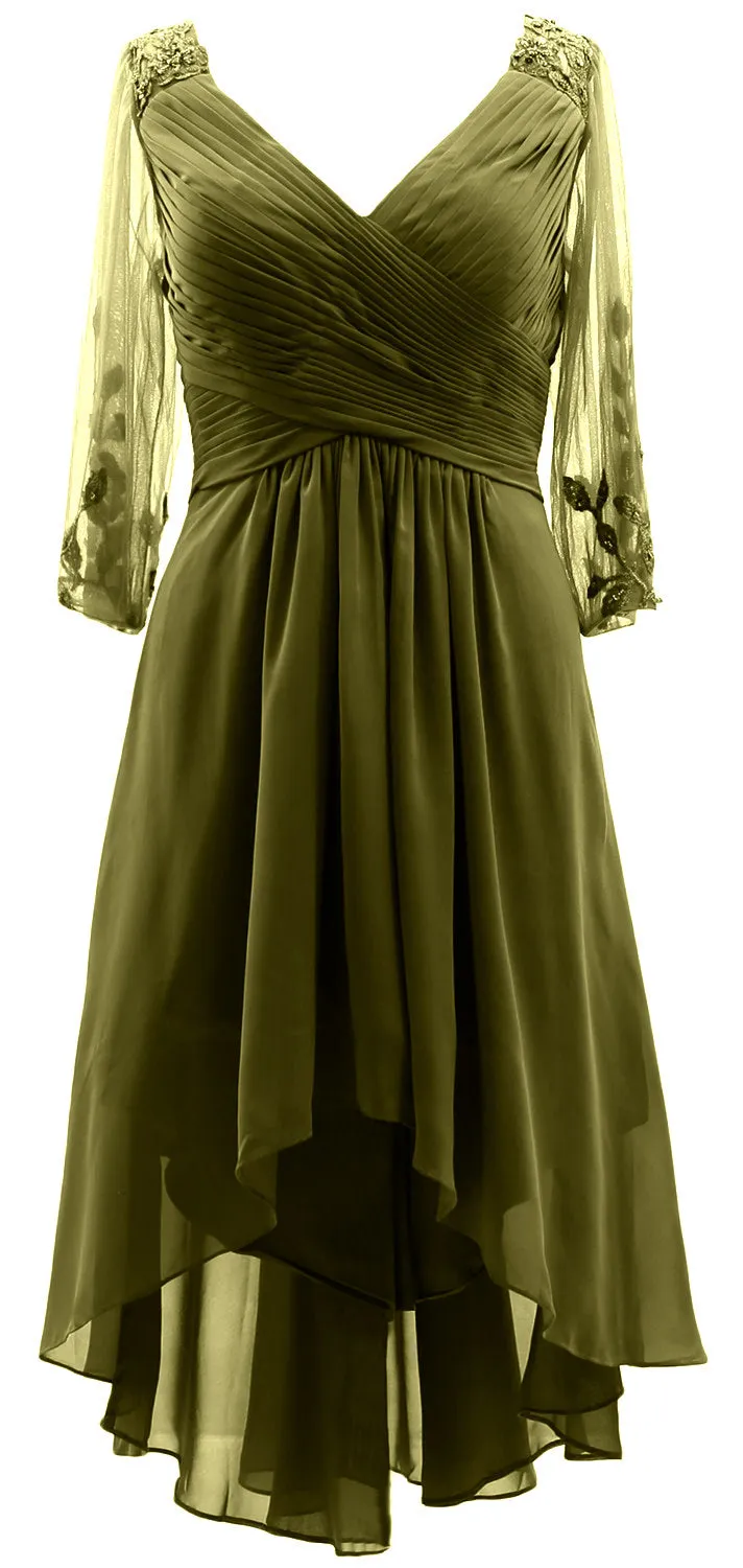 MACloth Women Neck High Low Mother of Bride Dresses V Evening Gown with Sleeves