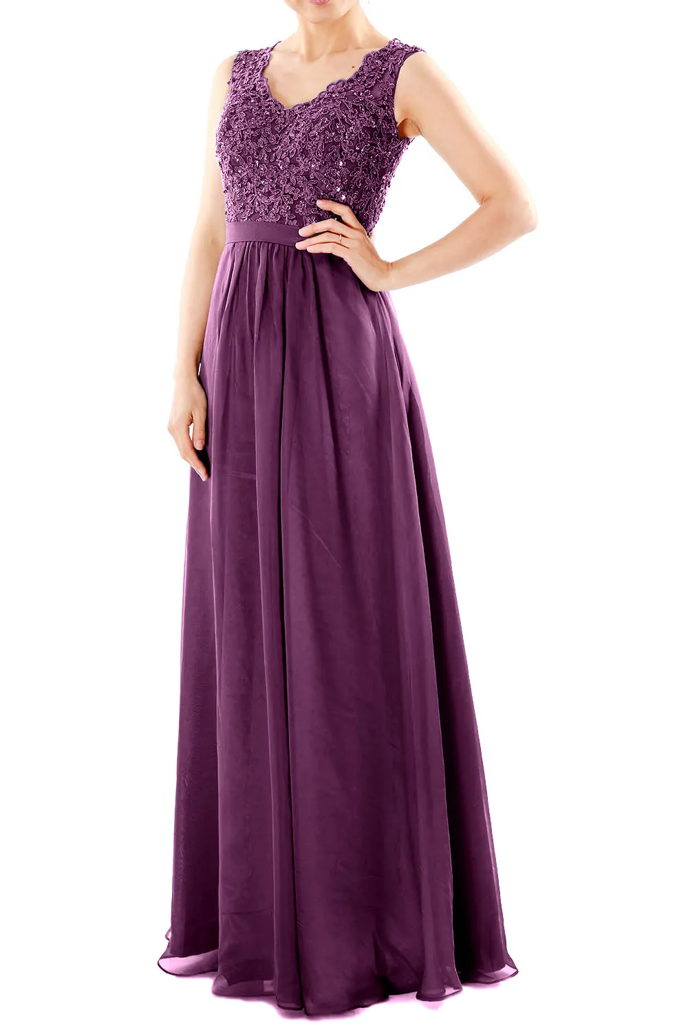 MACloth Women V Neck Lace Chiffon Long Prom Dresses Formal Party Evening Gown