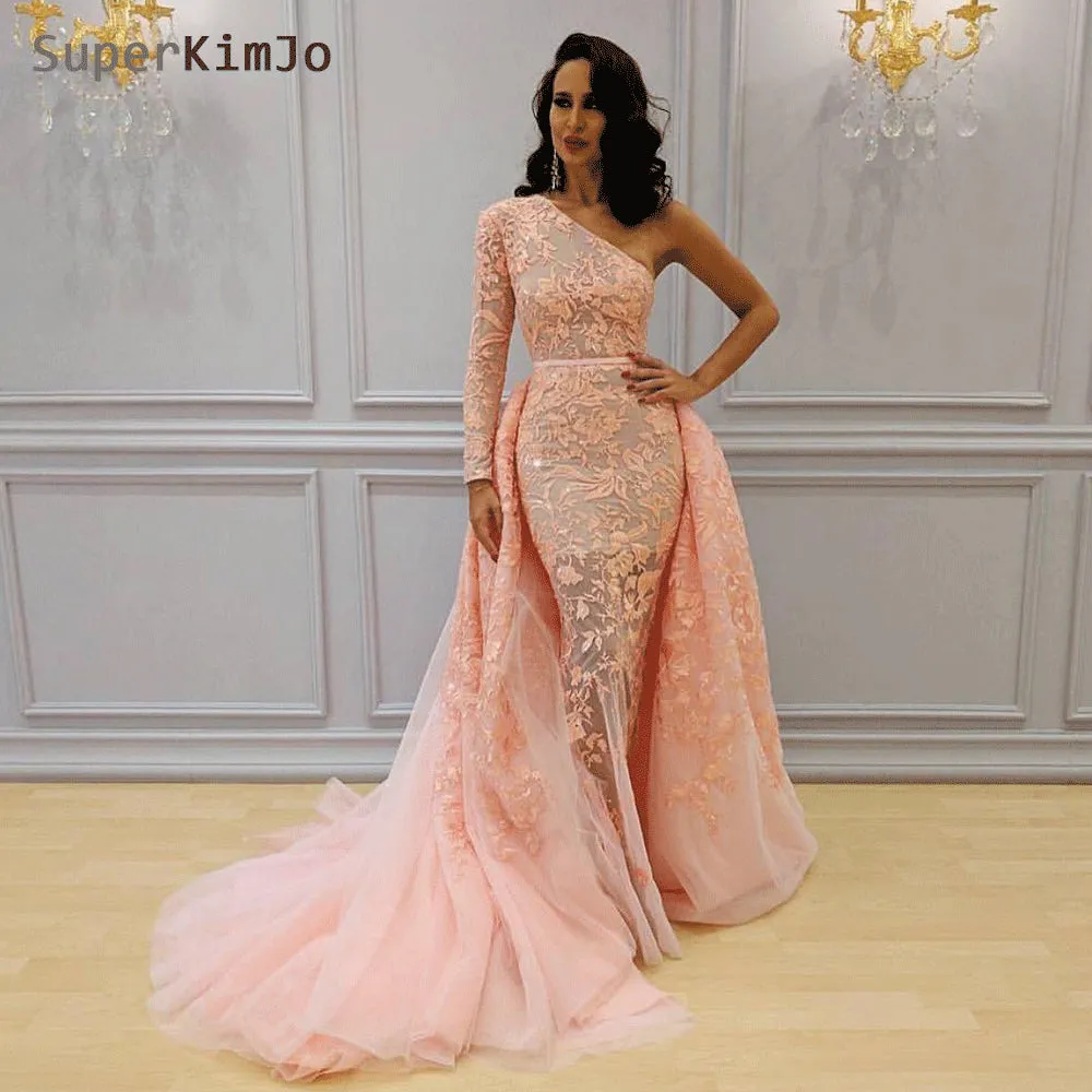 pink lace appliqué evening dresses 2020 detachable skirt beaded one shoulder elegant evening gown