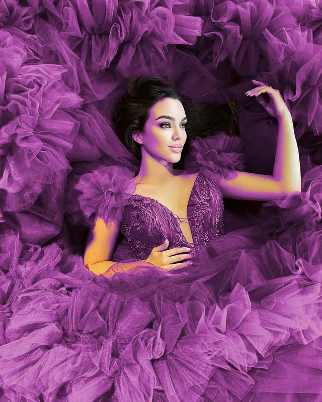 Purple Tulle Wedding Dresses Ruffles Skirt Sexy Deep V-Neckline Ball Gown Bridal Wedding Gowns 803072