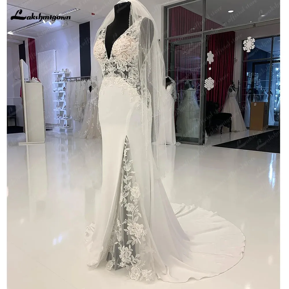 Vintage Lace Soft Satin Mermaid Wedding Dress Sexy Bridal Gowns Side Split Pluning V Neck 2024